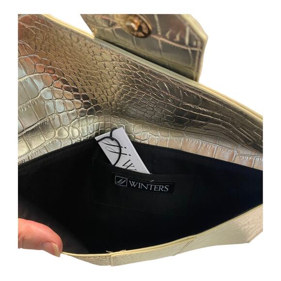 JJ Winters Envelope Clutch Small Gold Metallic Reptile Crocodile Faux Leather - Picture 6 of 6